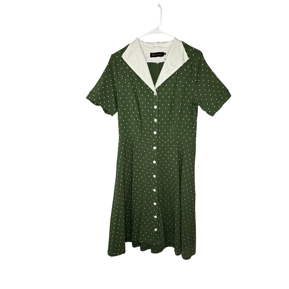 GownTown 2XL Green Polka Dot Midi Dress Retro Cottagecore Button Front Collar
